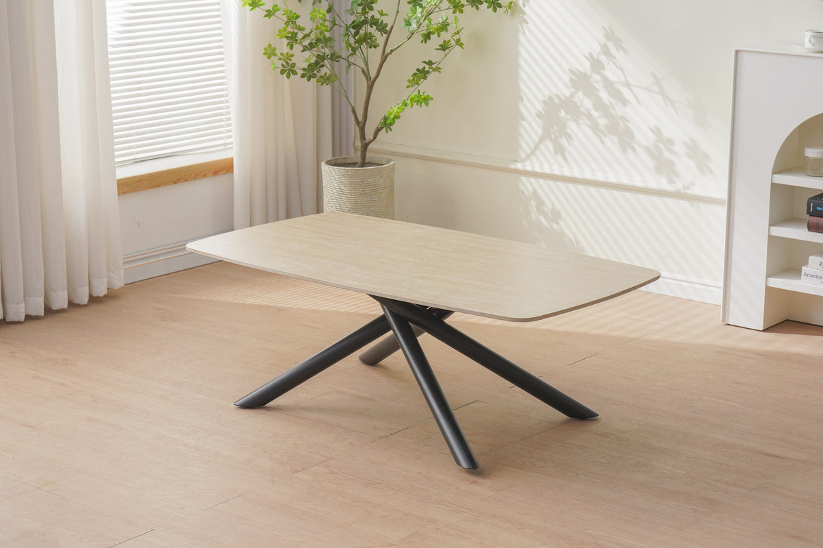 Table Basse Nysa Pied Metal Noir Céramique Travertin Mat 120X70X45Cm