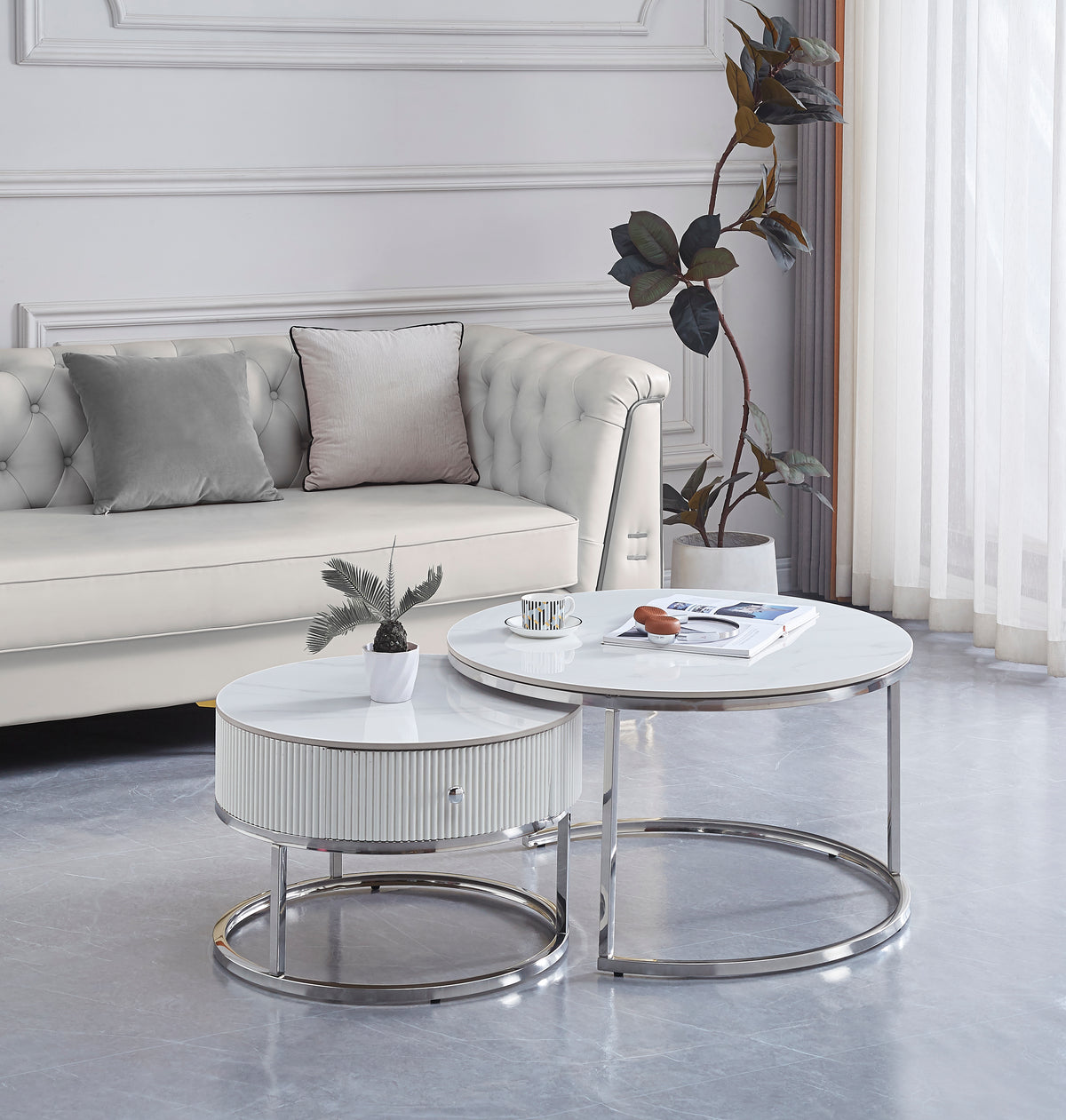Table Basse Gigogne Samira Avec Tiroir Chrome Céramique Marbre Blanc 80+60Cm