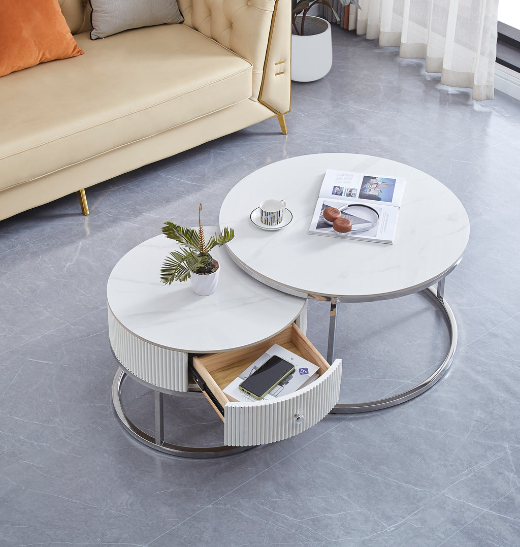 Table Basse Gigogne Samira Avec Tiroir Chrome Céramique Marbre Blanc 80+60Cm