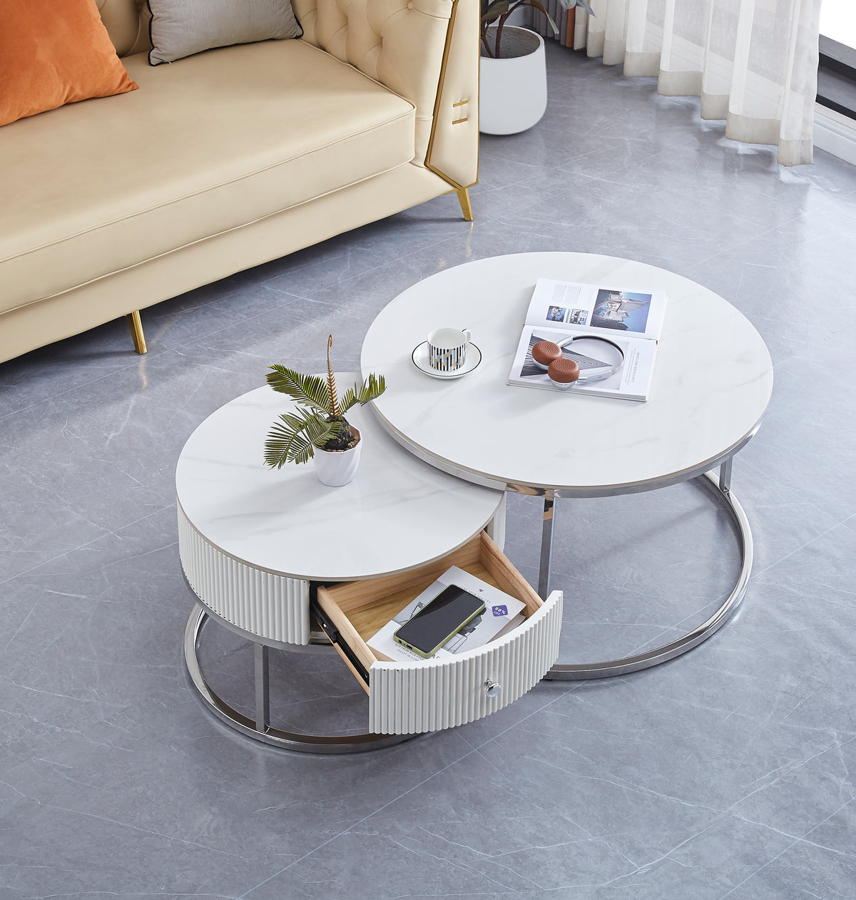Table Basse Gigogne Samira Avec Tiroir Chrome Céramique Marbre Blanc 80+60Cm