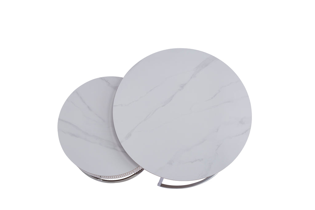 Table Basse Gigogne Samira Avec Tiroir Chrome Céramique Marbre Blanc 80+60Cm
