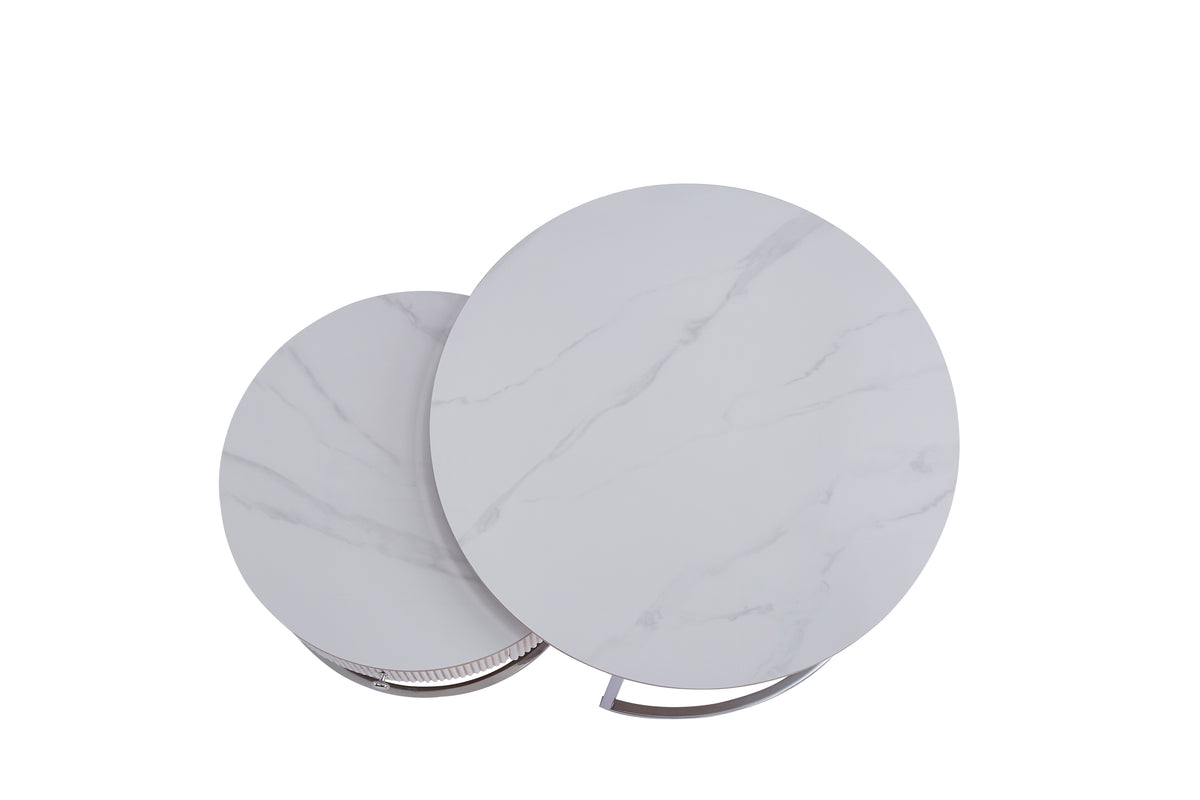Table Basse Gigogne Samira Avec Tiroir Chrome Céramique Marbre Blanc 80+60Cm
