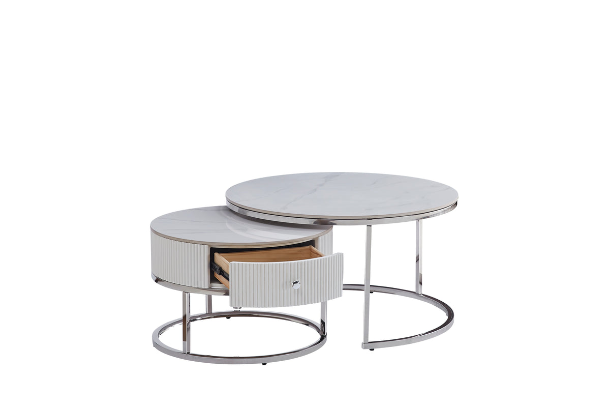 Table Basse Gigogne Samira Avec Tiroir Chrome Céramique Marbre Blanc 80+60Cm