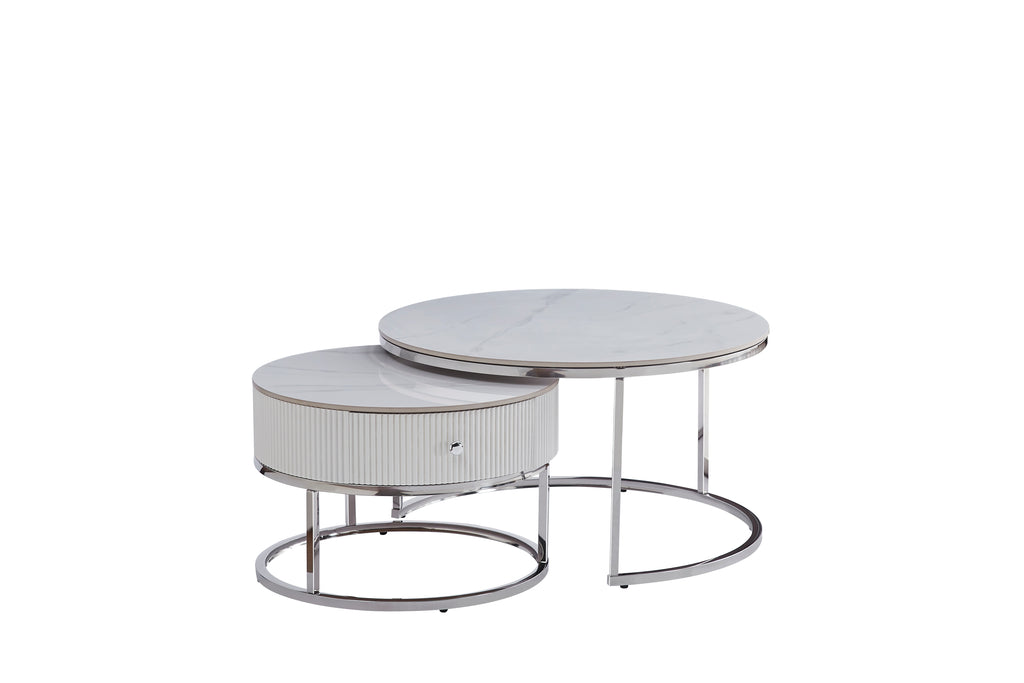 Table Basse Gigogne Samira Avec Tiroir Chrome Céramique Marbre Blanc 80+60Cm