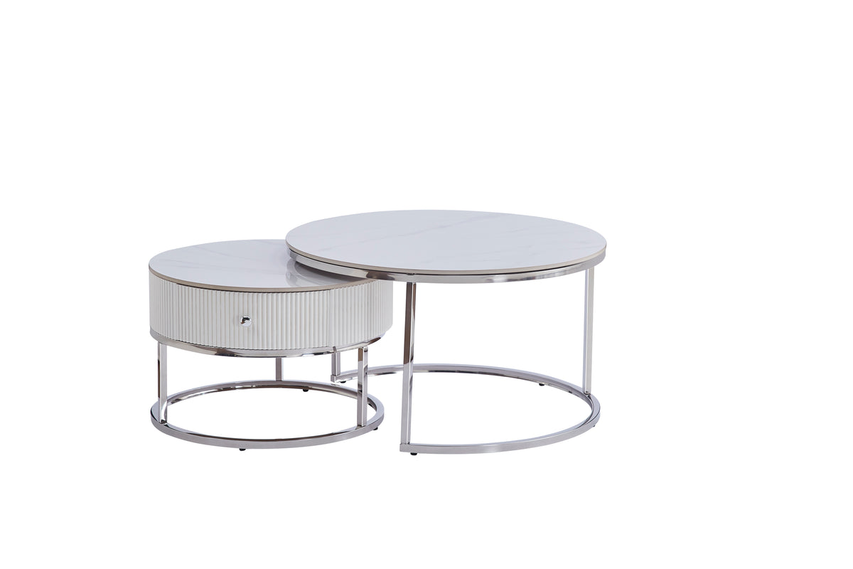 Table Basse Gigogne Samira Avec Tiroir Chrome Céramique Marbre Blanc 80+60Cm