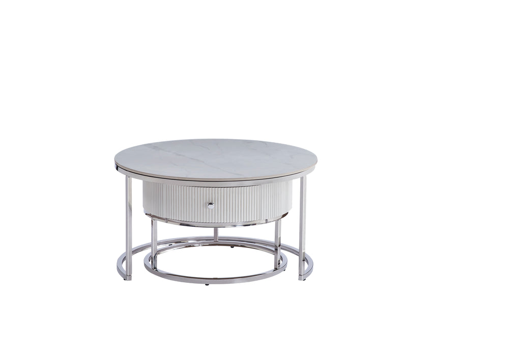 Table Basse Gigogne Samira Avec Tiroir Chrome Céramique Marbre Blanc 80+60Cm