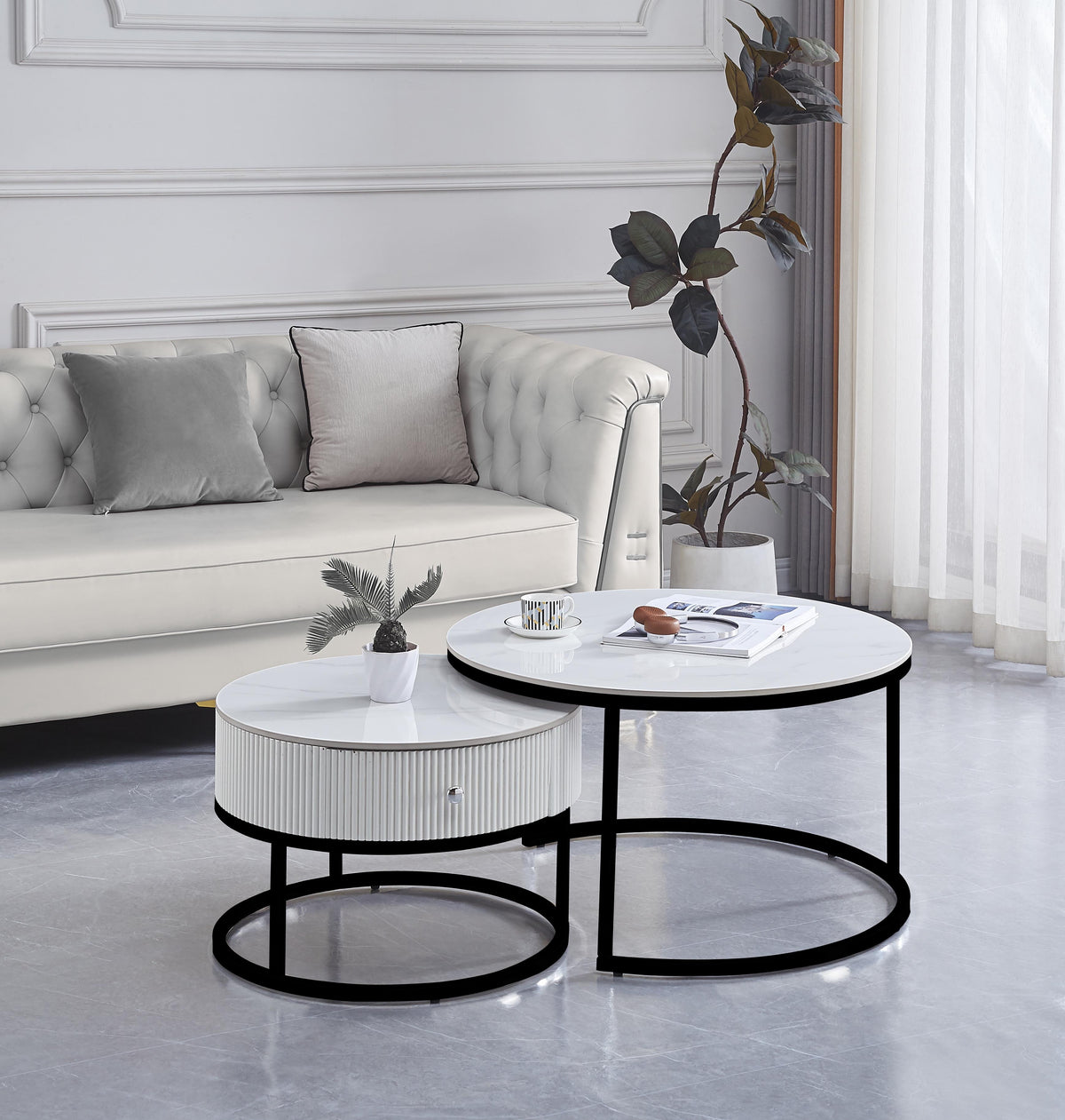 Table Basse Gigogne Samira Metal Noir Tiroir Céramique Marbre Blanc 80+60Cm