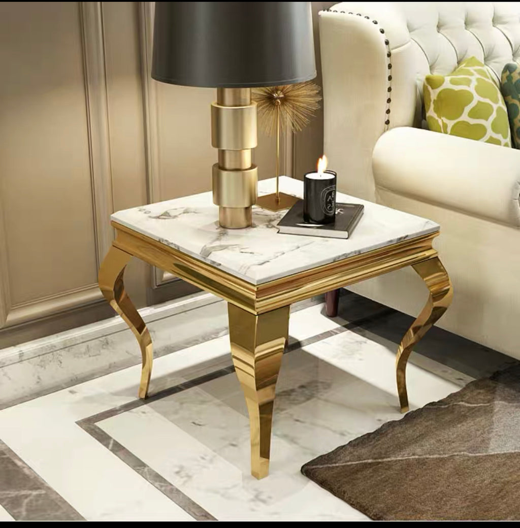 Gueridon Baroque Gold Marbre Blanc 50X50 Cm