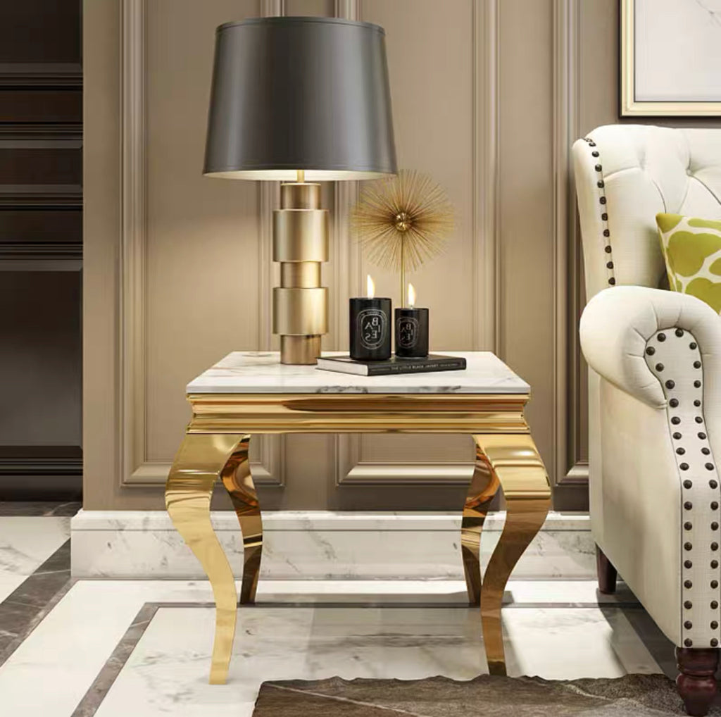 Gueridon Baroque Gold Marbre Blanc 50X50 Cm