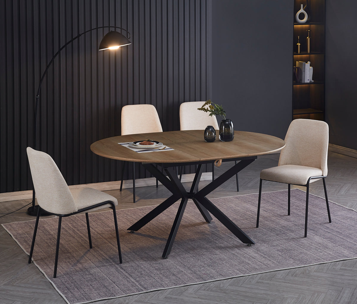 Chaise Cali Pieds Metal Noir Assise Tissu Effet Lin - Beige