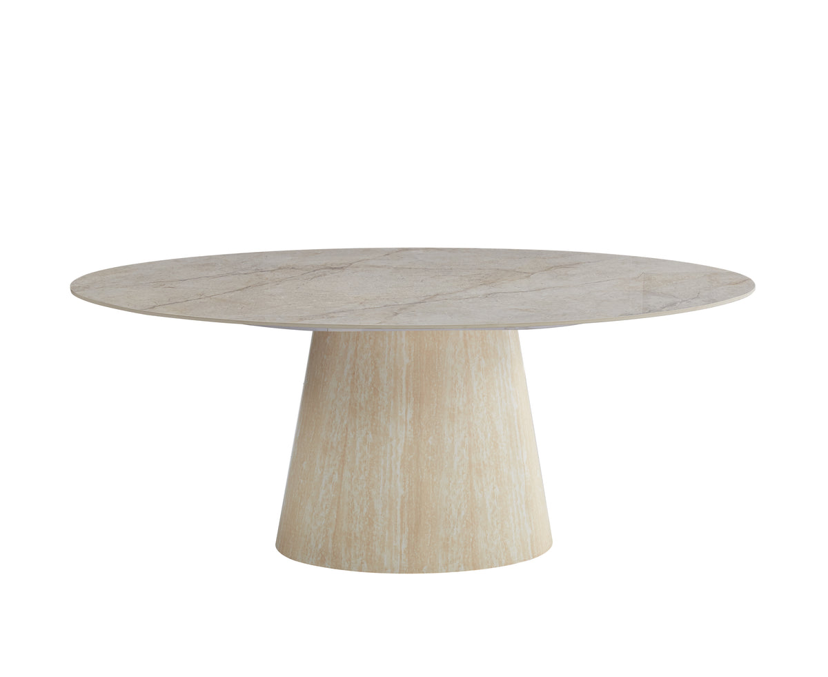 Table Repas Ovo Pied métal Effet Travertin Céramique Shakespeare Gris 180X90Cm