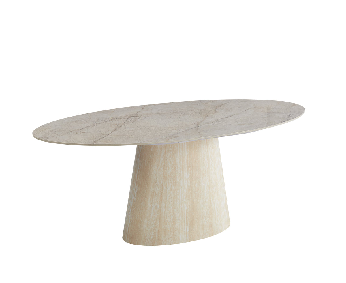 Table Repas Ovo Pied métal Effet Travertin Céramique Shakespeare Gris 180X90Cm