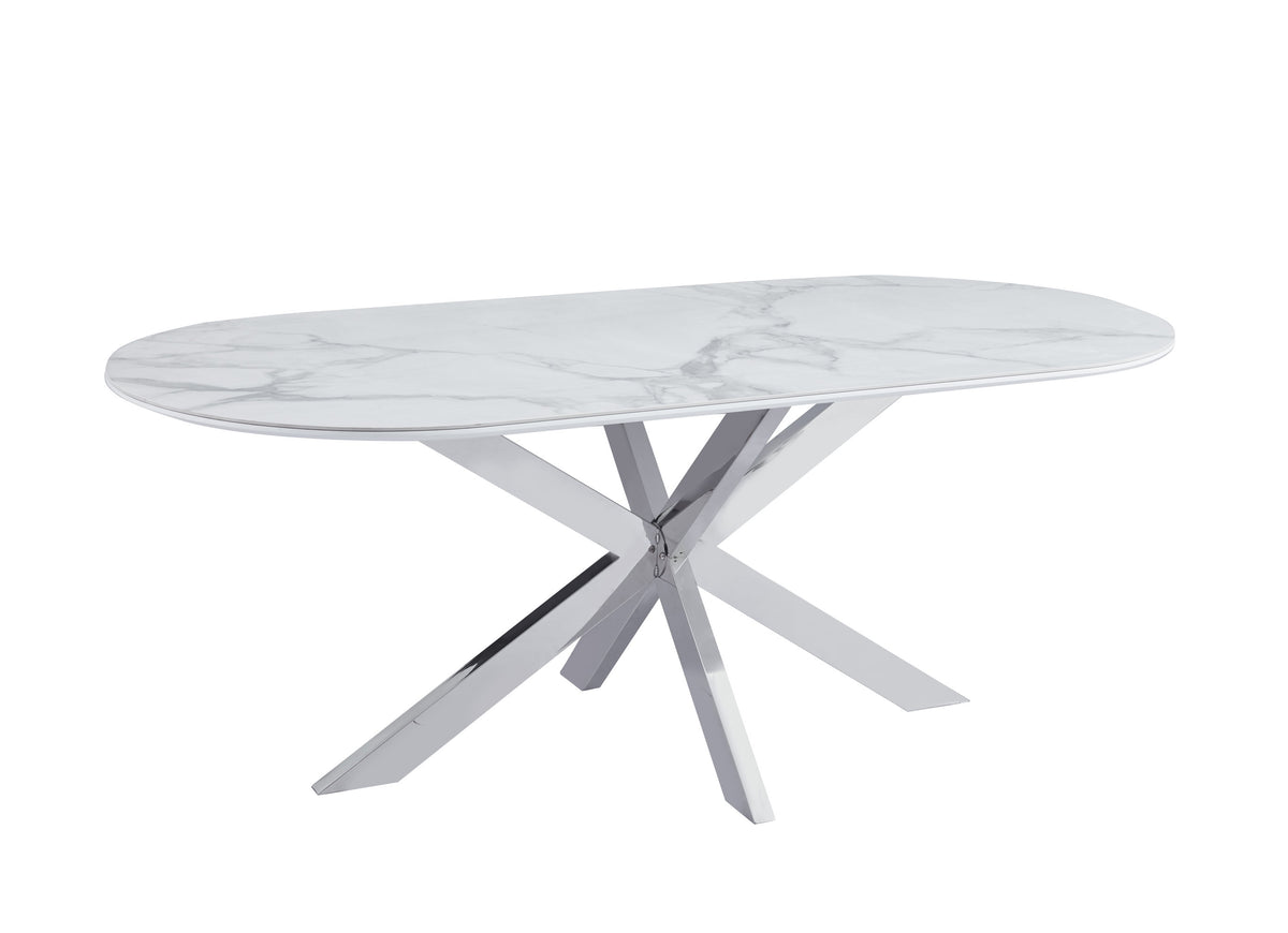 Table Repas Manon Pied chromé Plateau Céramique Marbre Blanc 200X90Cm