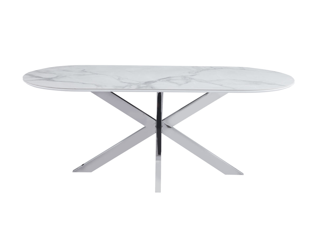 Table Repas Manon Pied chromé Plateau Céramique Marbre Blanc 200X90Cm