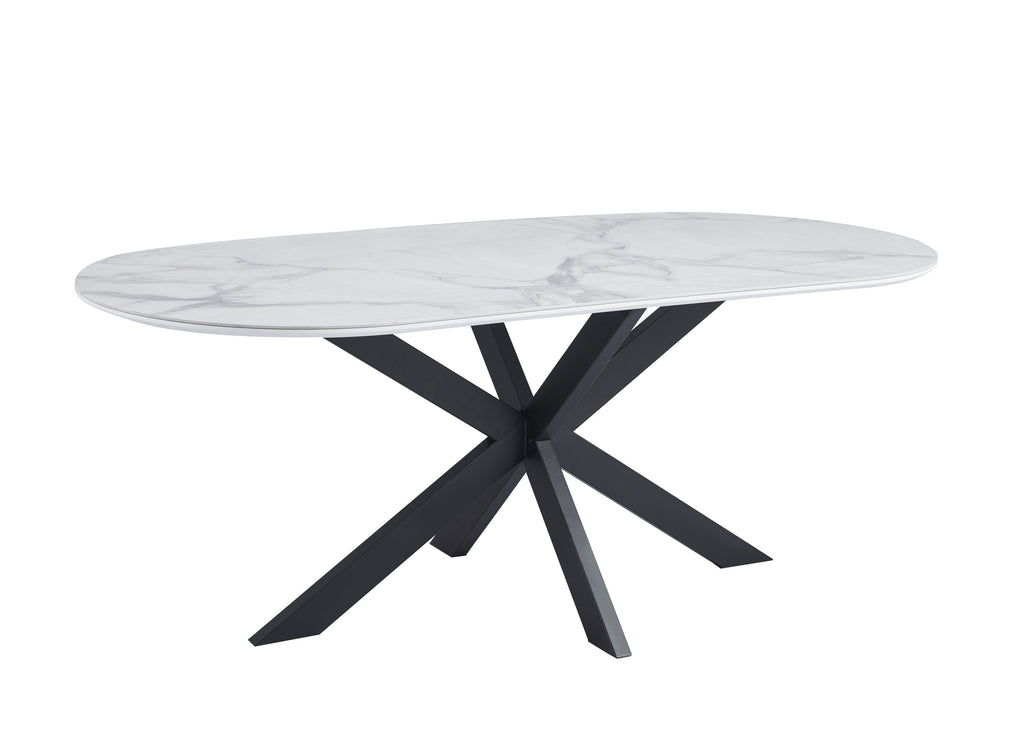 Table Repas Manon Pied métal Noir Plateau Céramique Marbre Blanc 200X90Cm