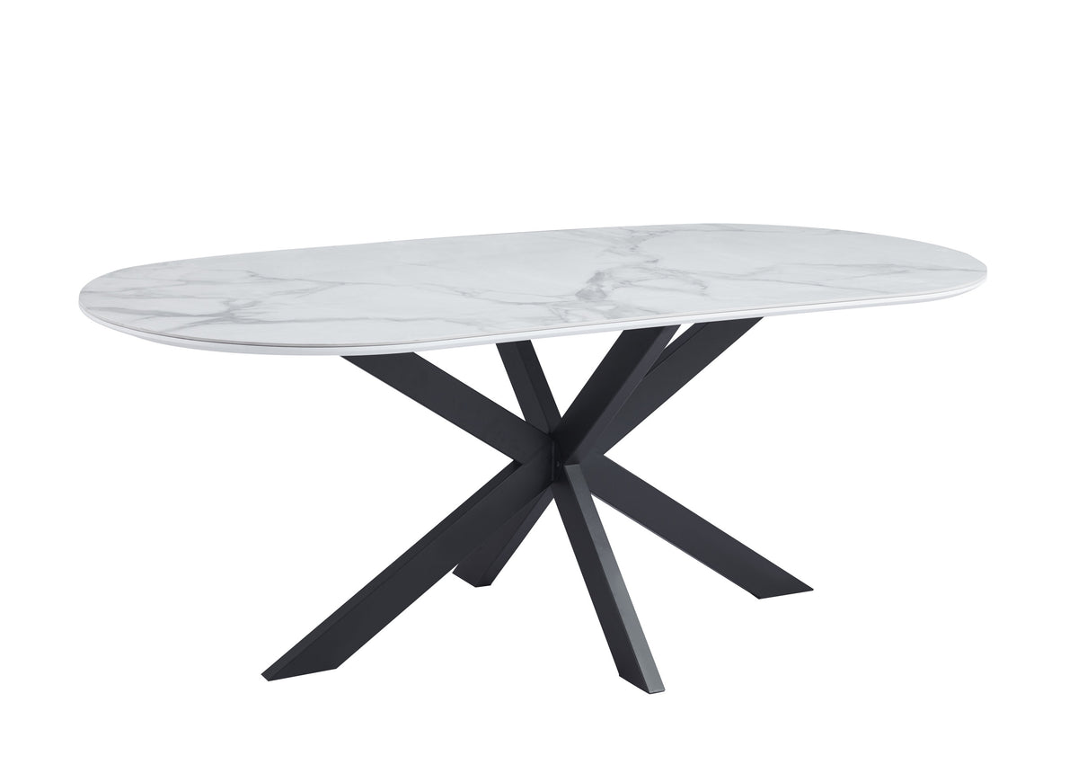 Table Repas Manon Pied métal Noir Plateau Céramique Marbre Blanc 200X90Cm