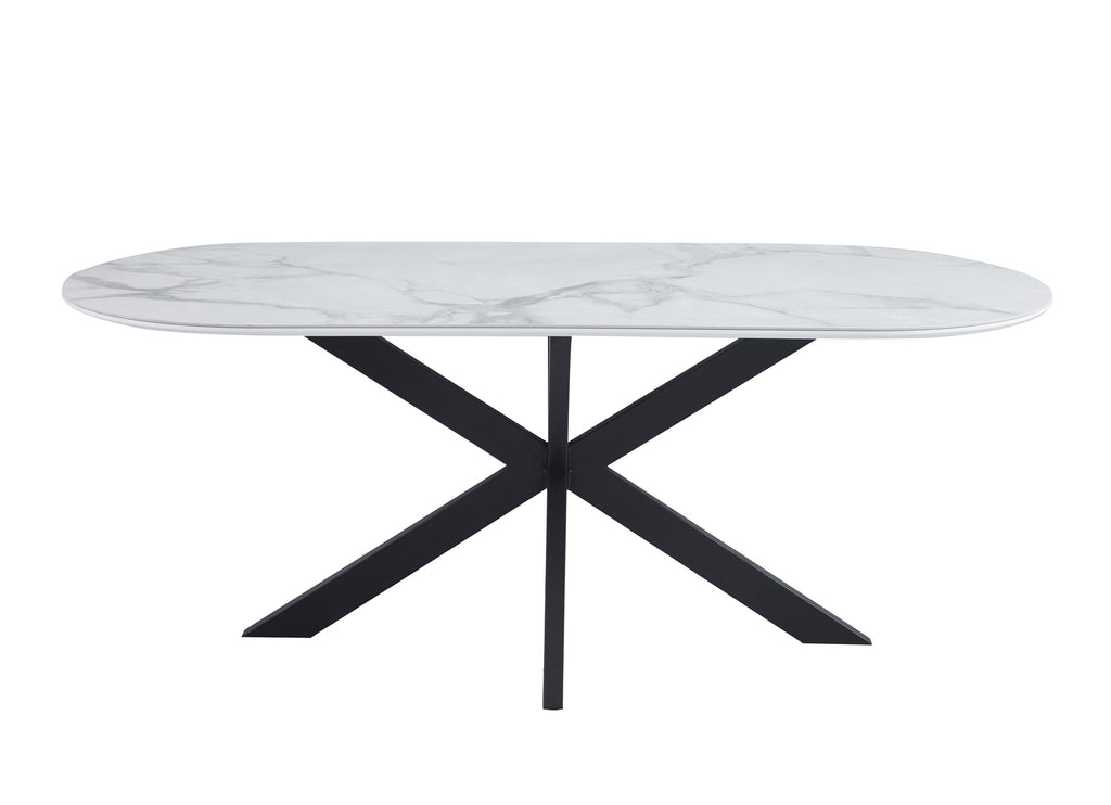 Table Repas Manon Pied métal Noir Plateau Céramique Marbre Blanc 200X90Cm