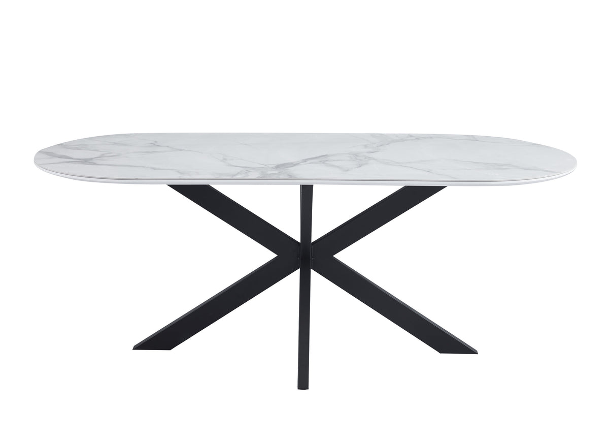 Table Repas Manon Pied métal Noir Plateau Céramique Marbre Blanc 200X90Cm