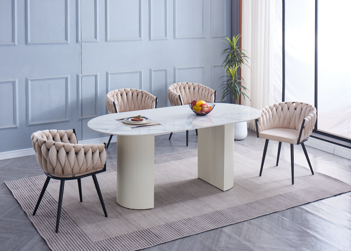Table à manger Anna Pied Beige Plateau En Céramique Marbre Blanc 180X90X75Cm