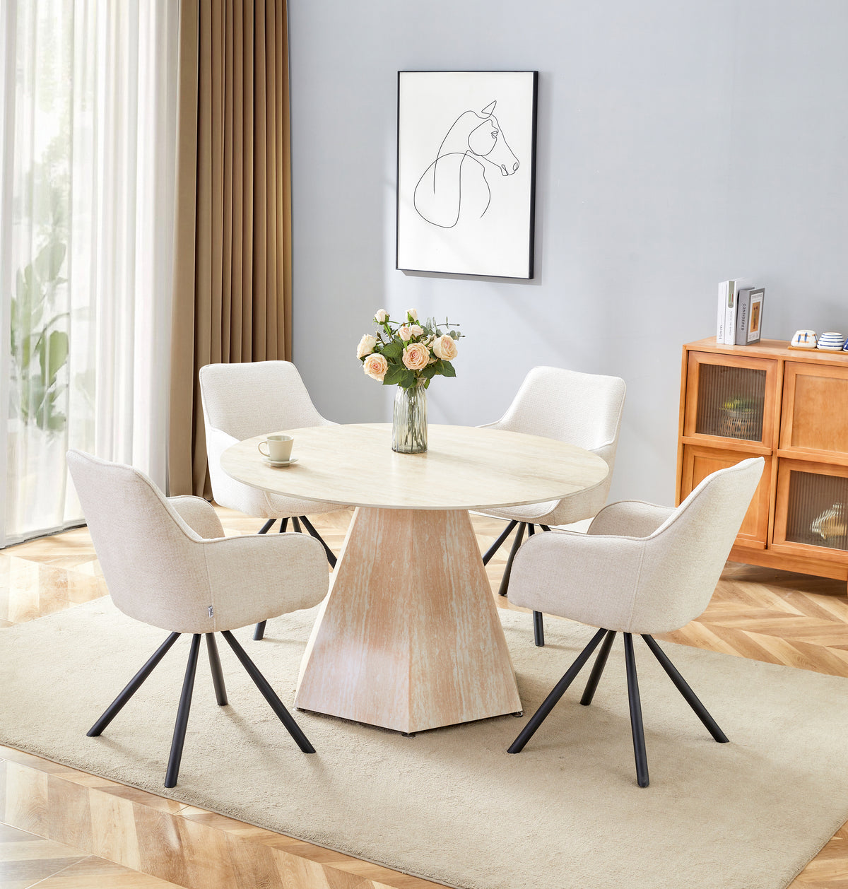 Table Repas Solal Pied Effet Travertin Céramique Travertin Mat 120Cm
