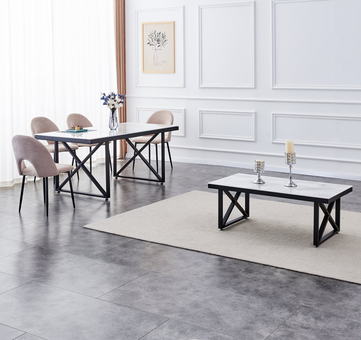Table Repas Levanto métal Noir Marbre Blanc 180X90X75 Cm
