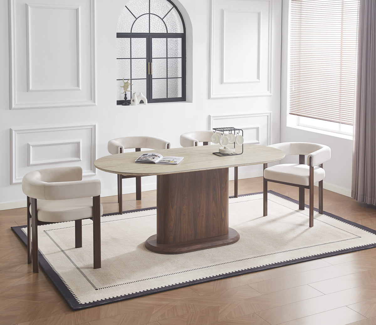 Table Repas Loka Pied Effet Noyer Plateau Céramique Travertin Mat 180X90X75Cm