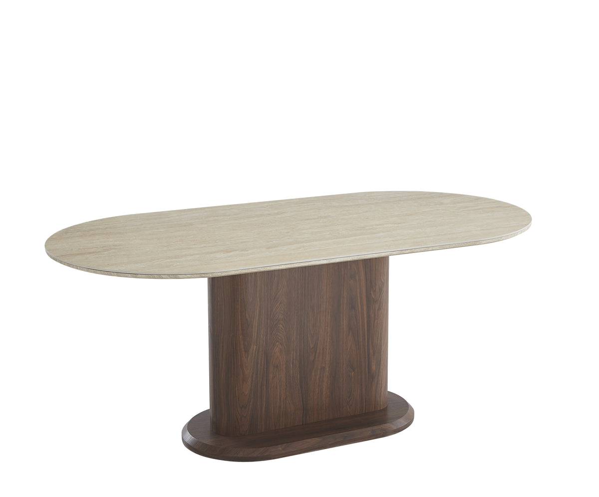 Table Repas Loka Pied Effet Noyer Plateau Céramique Travertin Mat 180X90X75Cm