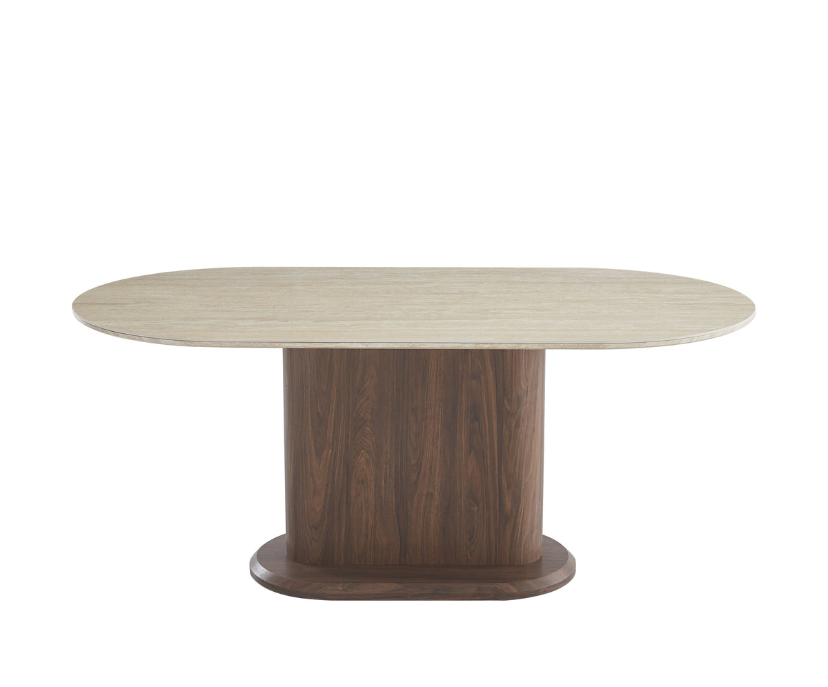 Table Repas Loka Pied Effet Noyer Plateau Céramique Travertin Mat 180X90X75Cm