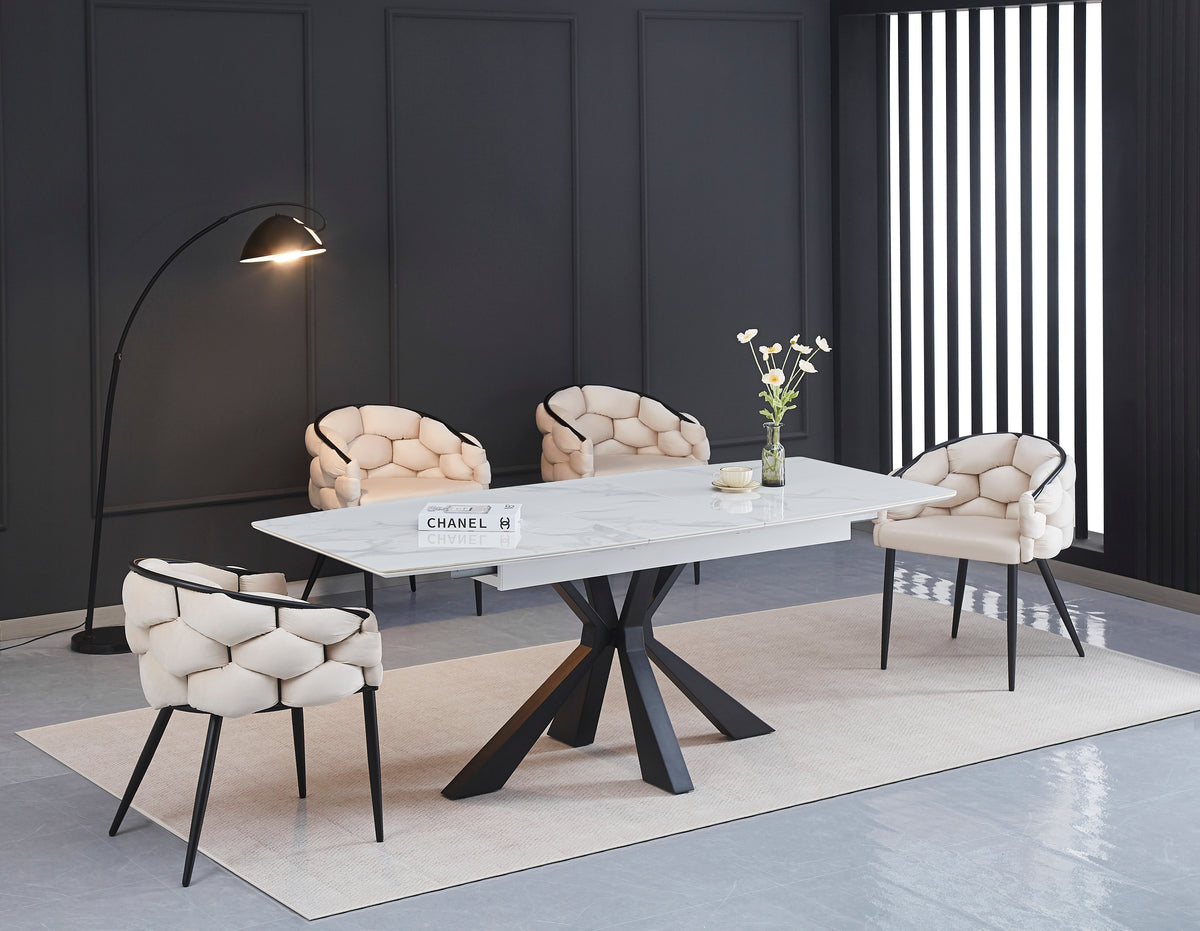 Table Extensible A Rallonge Bianca Pied Metal Noir Céramique Marbre Blanc