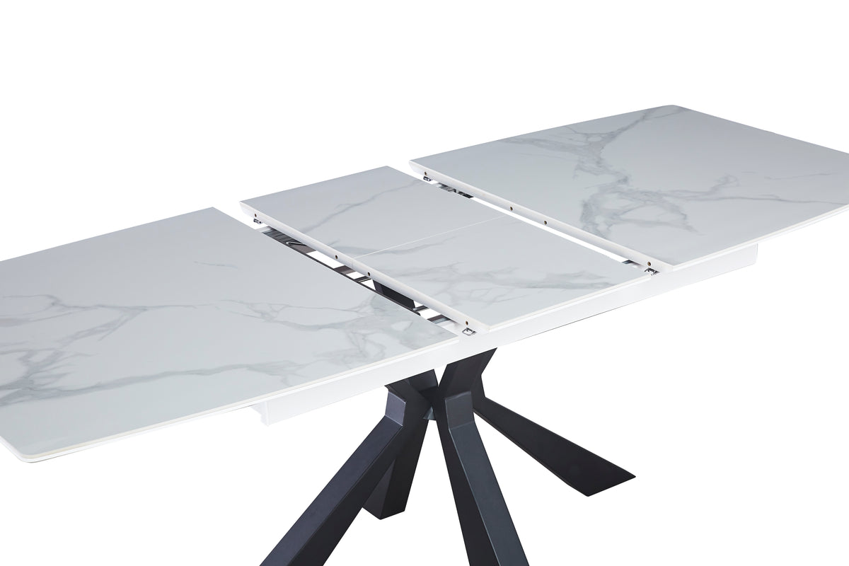 Table Extensible A Rallonge Bianca Pied Metal Noir Céramique Marbre Blanc