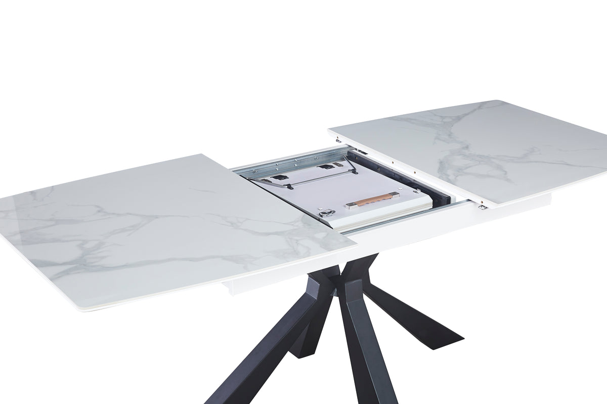 Table Extensible A Rallonge Bianca Pied Metal Noir Céramique Marbre Blanc