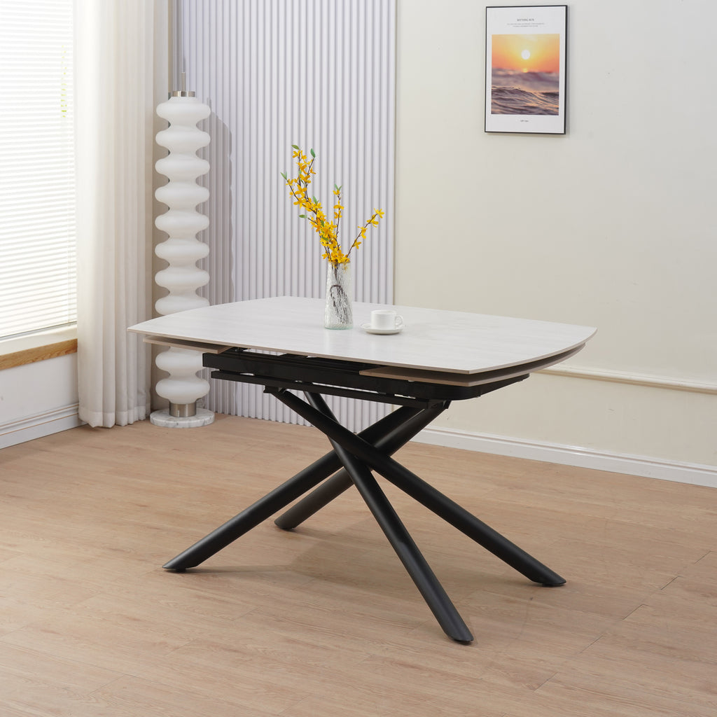 Table Repas Extensible Nysa Pied Metal Noir Céramique Travertin Blanc 129/189X89X76Cm