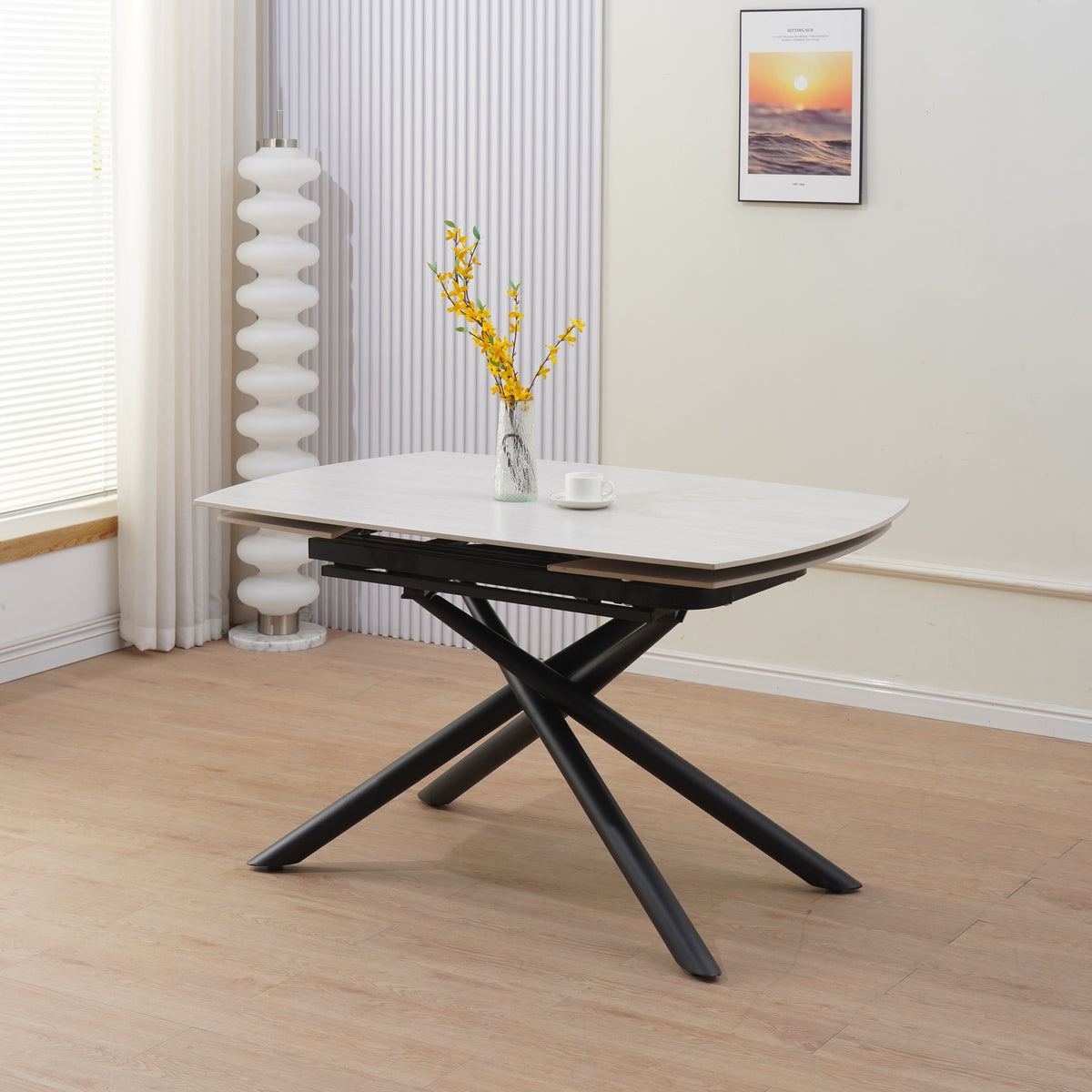 Table Repas Extensible Nysa Pied Metal Noir Céramique Travertin Blanc 129/189X89X76Cm