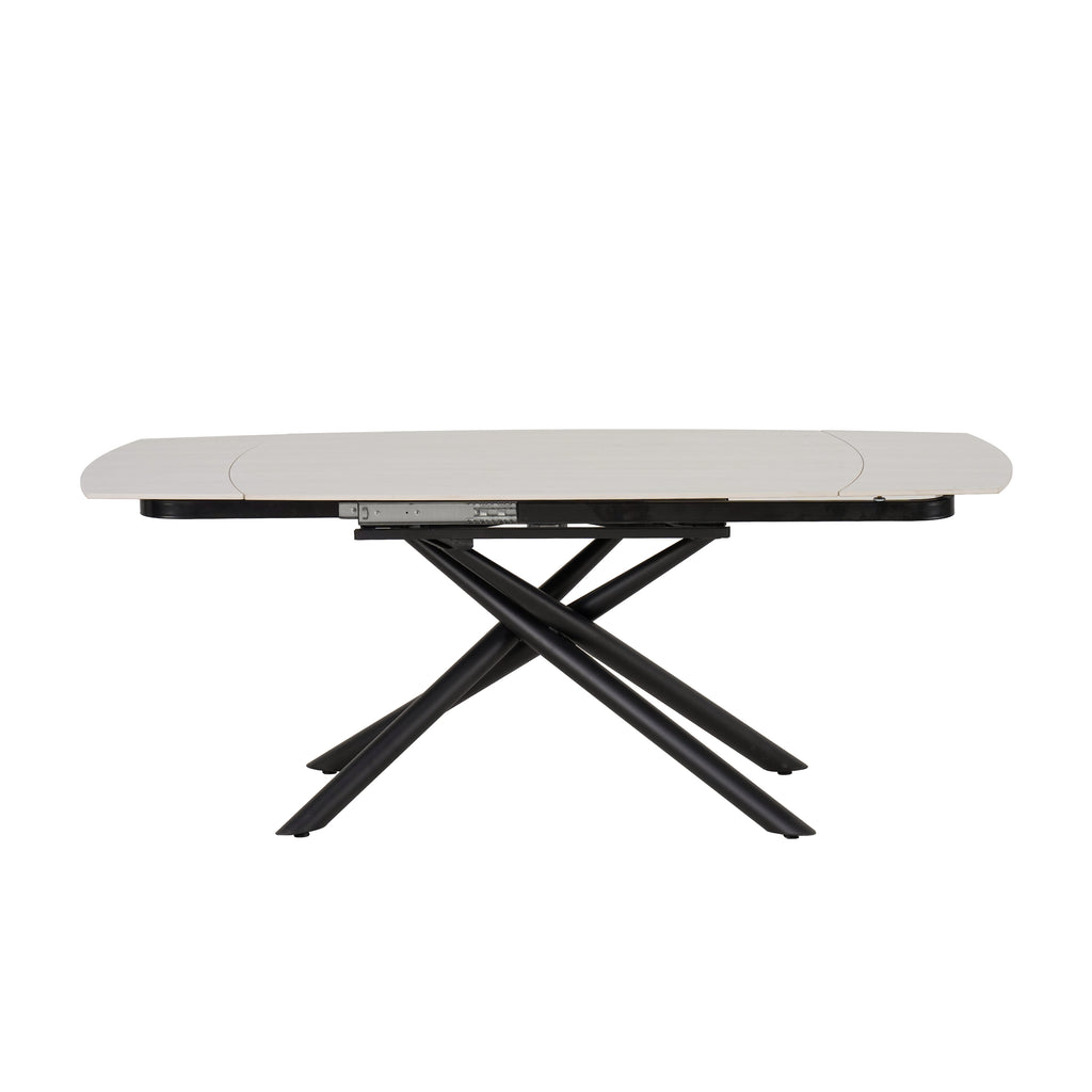Table Repas Extensible Nysa Pied Metal Noir Céramique Travertin Blanc 129/189X89X76Cm