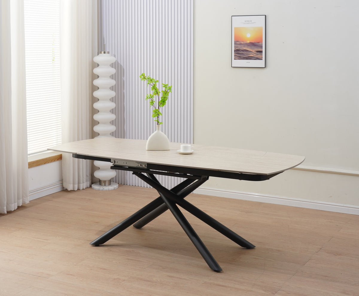 Table Repas Extensible Nysa Pied Metal Noir Céramique Travertin Mat 129/189X89X76Cm