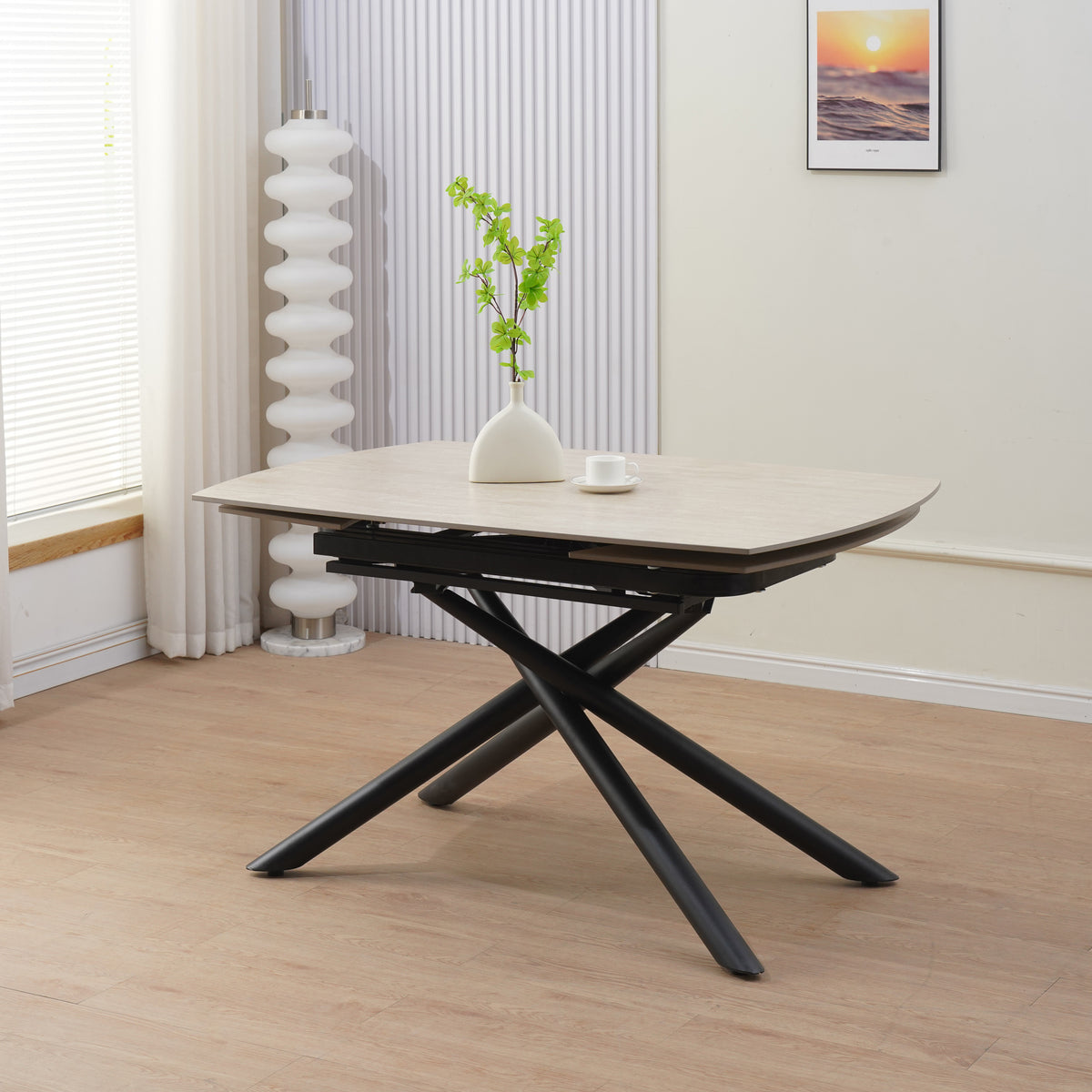 Table Repas Extensible Nysa Pied Metal Noir Céramique Travertin Mat 129/189X89X76Cm