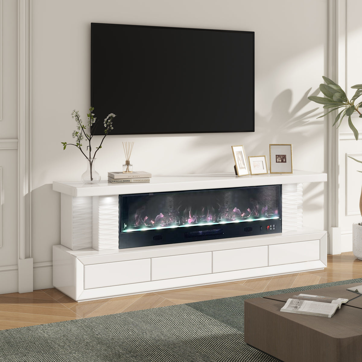 Meuble Tv Cheminee Flamora Chauffage Électrique 1500W Avec Télécommande Effet Flamme 3D Multicolore Et Chargeur