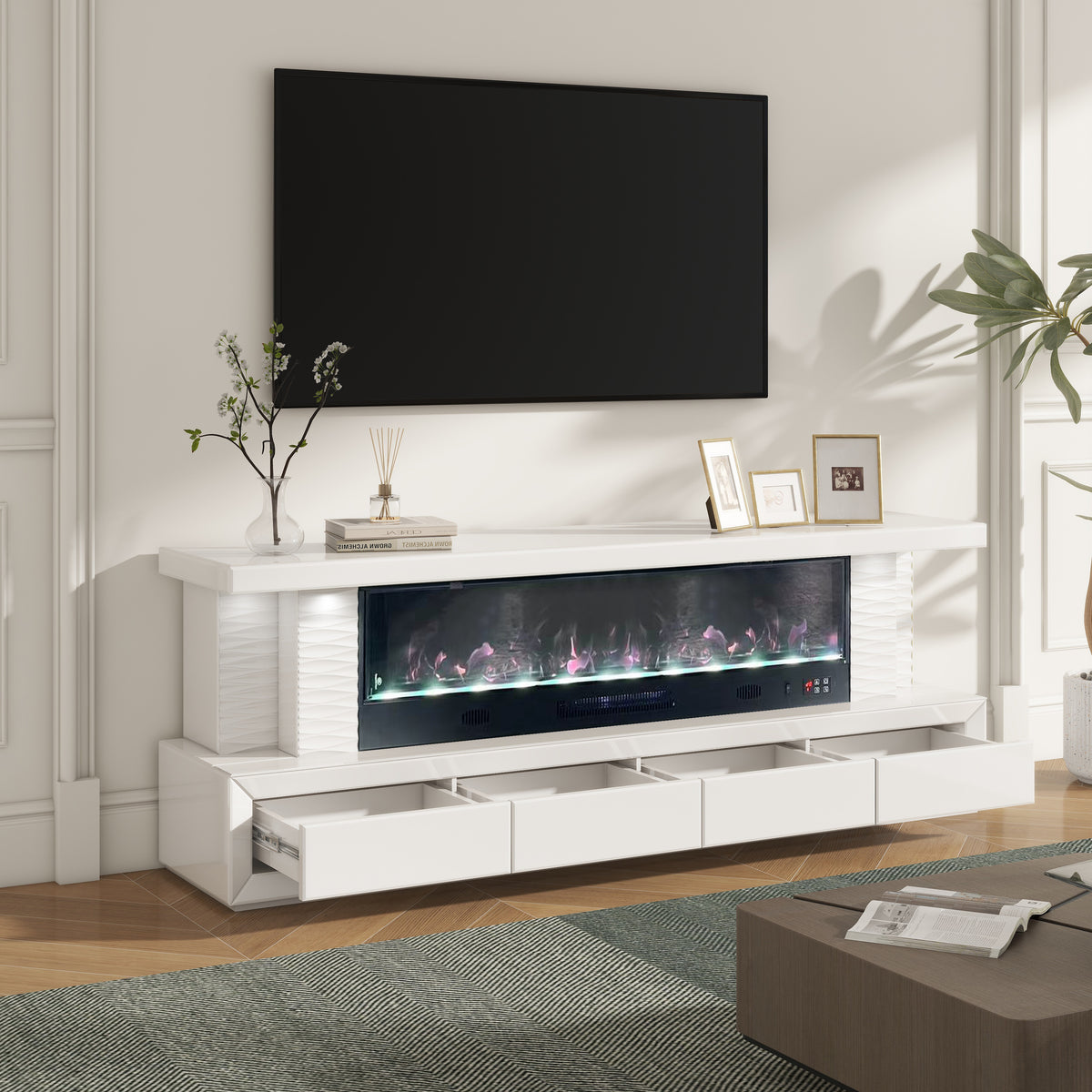 Meuble Tv Cheminee Flamora Chauffage Électrique 1500W Avec Télécommande Effet Flamme 3D Multicolore Et Chargeur
