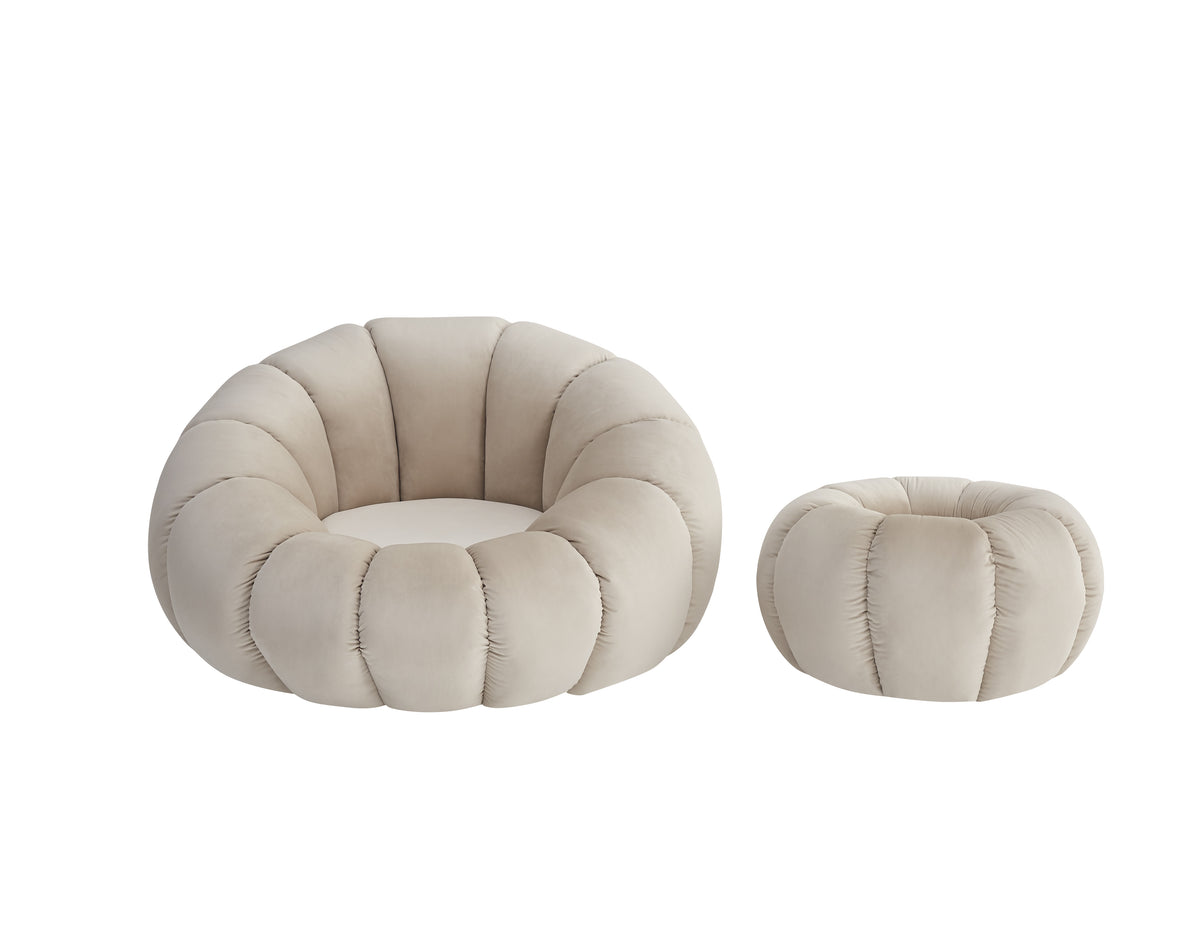 Fauteuil Perle Pivotant En Velours Beige + Pouf Repose Pied