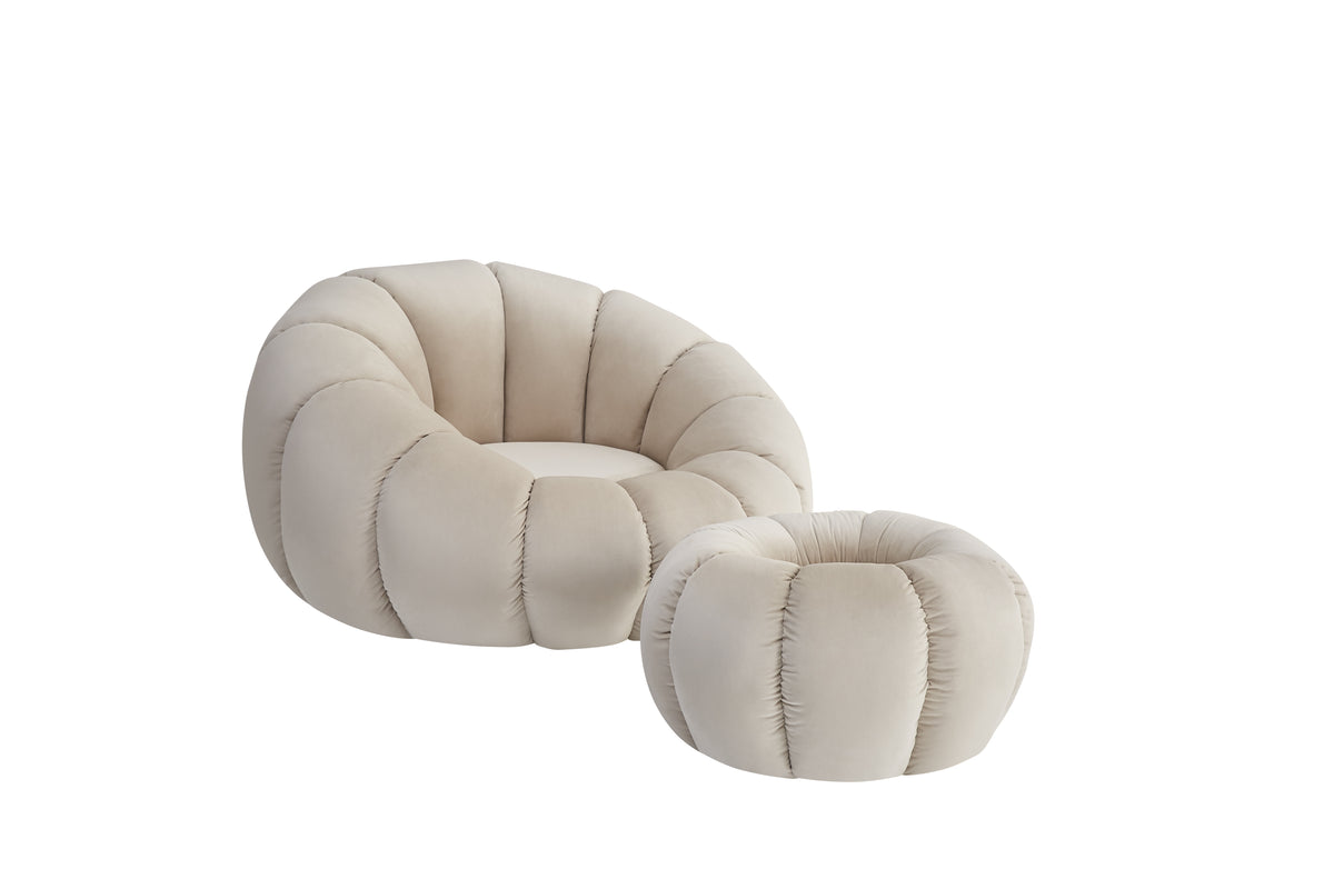 Fauteuil Perle Pivotant En Velours Beige + Pouf Repose Pied