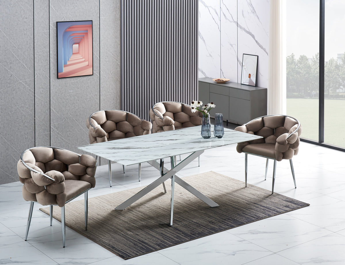 Table Rectangulaire Jessica Chrome Marbre Blanc 180X90X75Cm