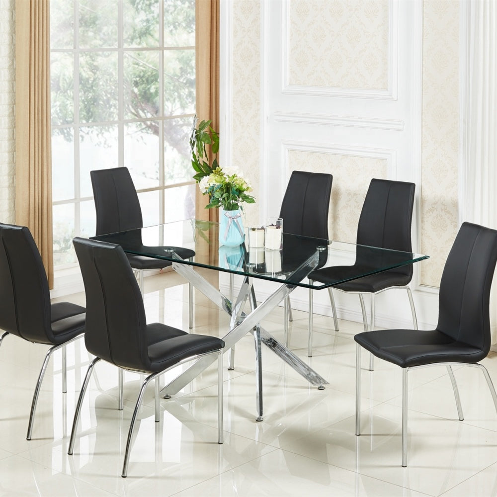 Table Repas Jessica Rectangle Chrome Verre Transparent 150X90Cm