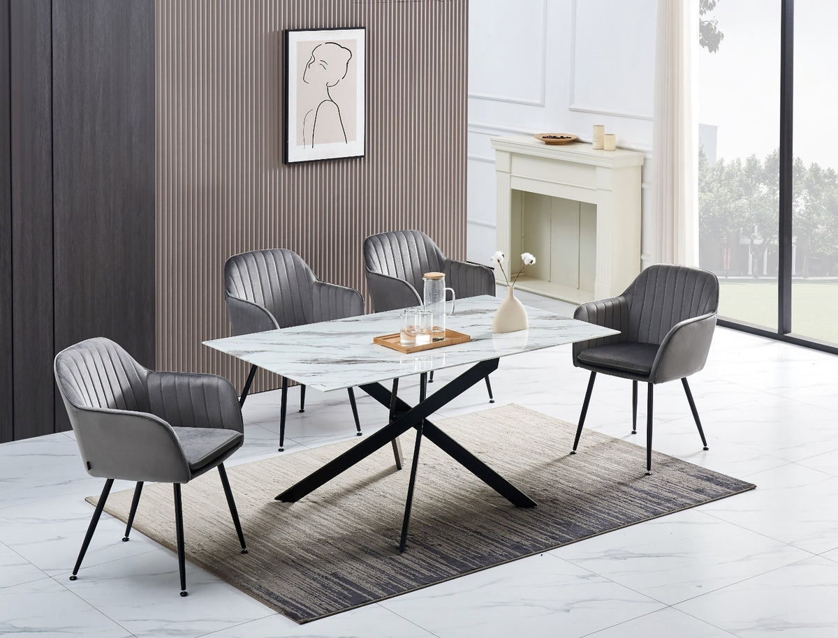 Table Repas Jessica Rectangle Metal Noir Plateau Marbre Blanc 1