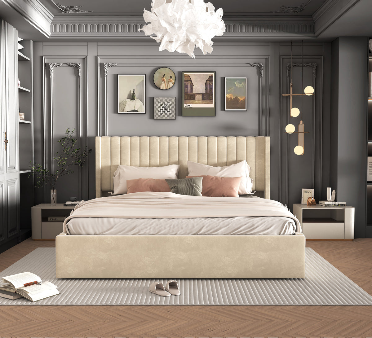Lit Double Coffre Camille Velours - 140x190, Beige