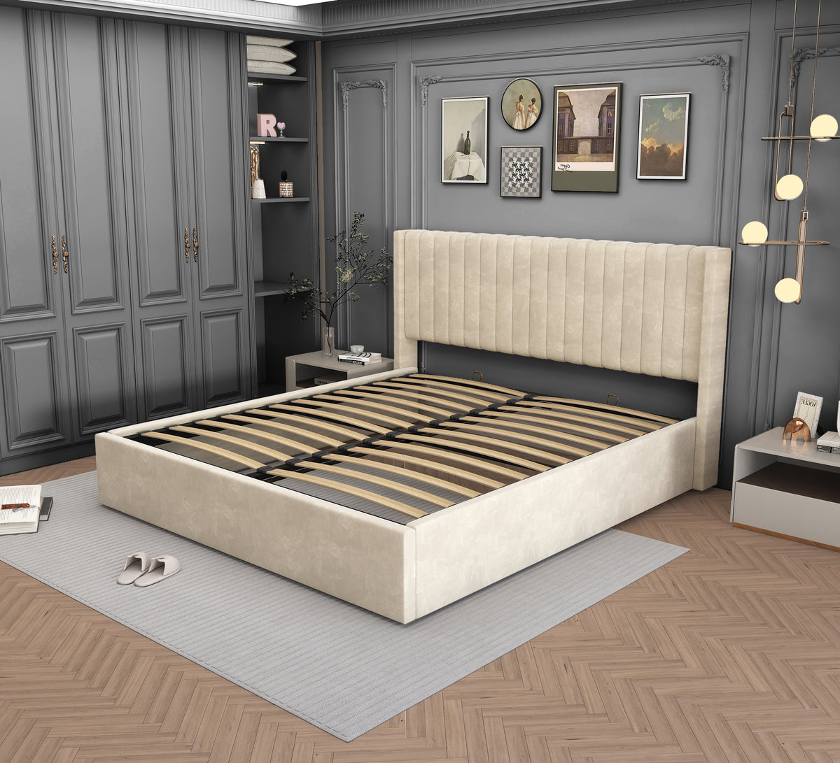 Lit Double Coffre Camille Velours - 140x190, Beige