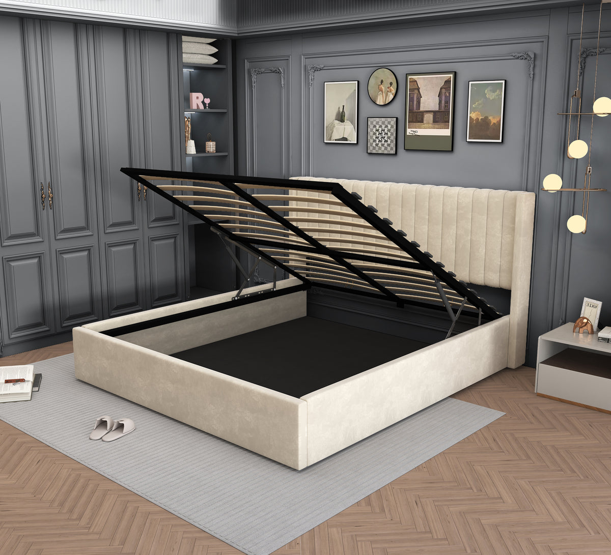 Lit Double Coffre Camille Velours - 140x190, Beige