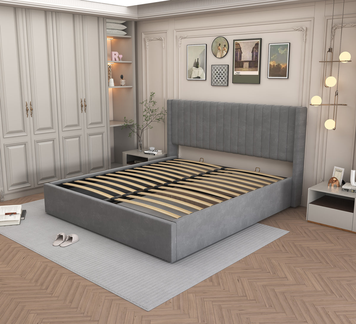 Lit Double Coffre Camille Velours - 180x200, Gris