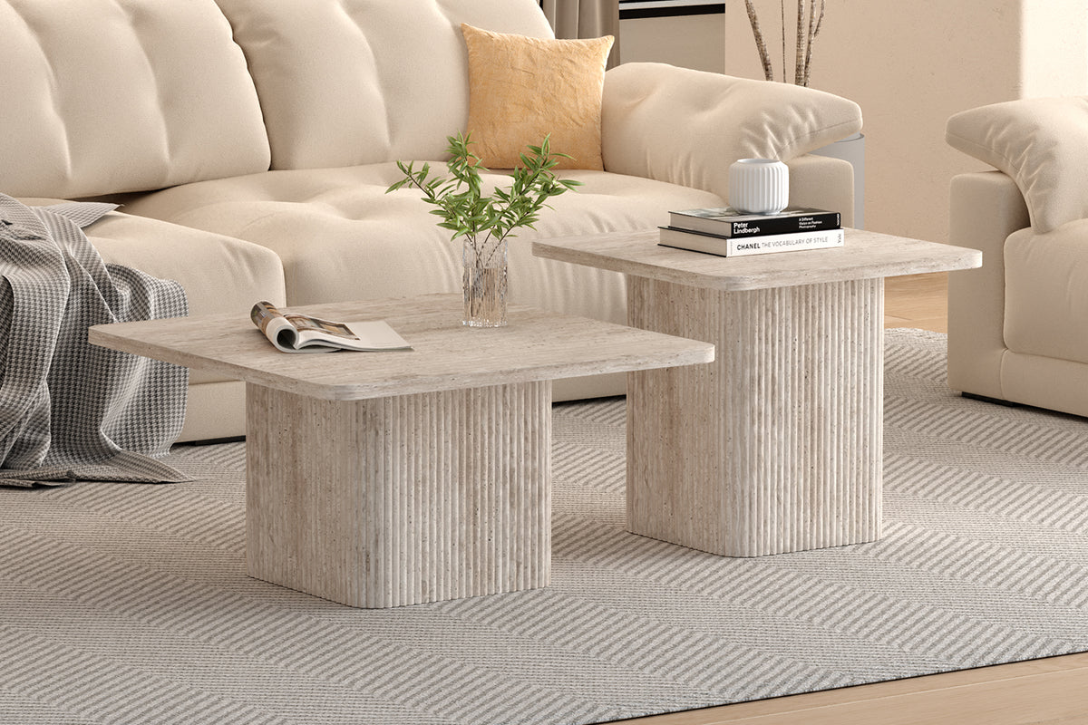 Set de 2 Table basses Bobby Décor travertin Beige