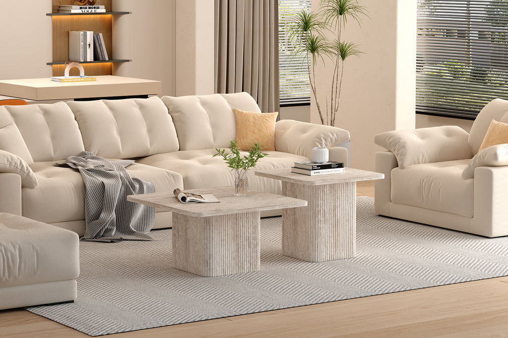 Lot de 2 Table basse Bobby effet travertin Beige