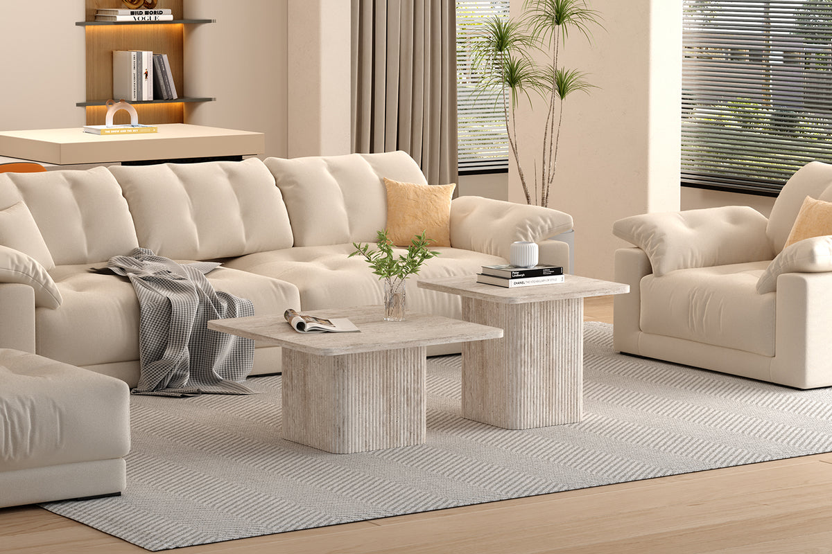 Lot de 2 Table basse Bobby effet travertin Beige